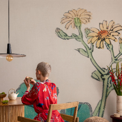 Wandtapete mit Motiv aus Blüten und Blättern