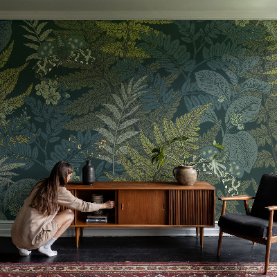 Vlies-Fototapete mit grünem Pflanzenmotiv für ein elegantes Raumambiente