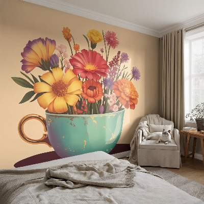 Fototapete fürs Schlafzimmer mit einem farbenfrohen Blumenstrauß