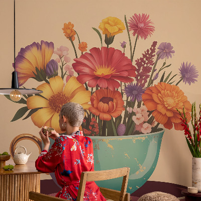 Fototapete fürs Schlafzimmer mit einem farbenfrohen Blumenstrauß