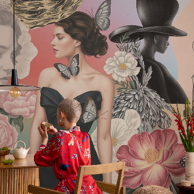 Moderne Vlies-Fototapete mit Blumen- und Porträtmotiven