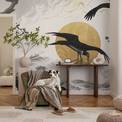 Fototapete fürs Wohnzimmer mit schwarzem Kranichmotiv