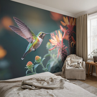 Vlies-Fototapete fürs Wohnzimmer mit Kolibri- und Blumenmotiv
