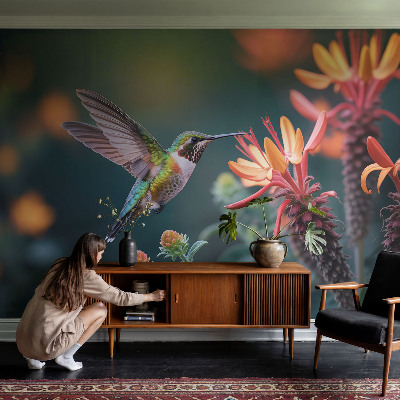 Vlies-Fototapete fürs Wohnzimmer mit Kolibri- und Blumenmotiv