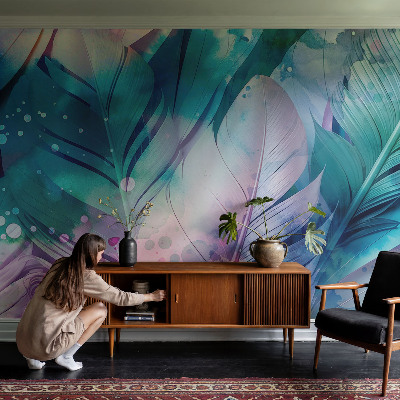 Vliestapete fürs Wohnzimmer mit buntem Federdesign