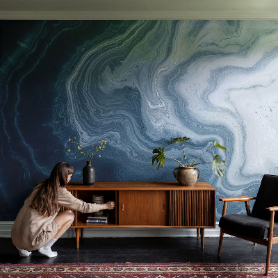 Vliestapete fürs Schlafzimmer mit blauem Wellendesign