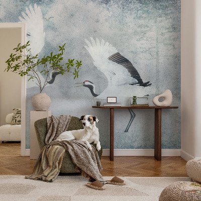 Fototapete fürs Wohnzimmer mit einem Motiv harmonischer Kraniche