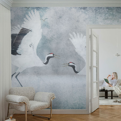 Fototapete fürs Wohnzimmer mit einem Motiv harmonischer Kraniche