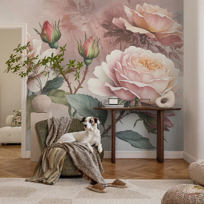 Fototapete fürs Wohnzimmer mit Pastellrosen
