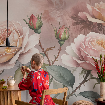 Fototapete fürs Wohnzimmer mit Pastellrosen