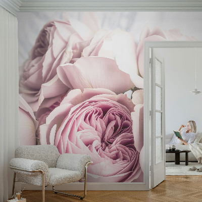 Fototapete fürs Wohnzimmer mit rosafarbenen Rosenmotiv