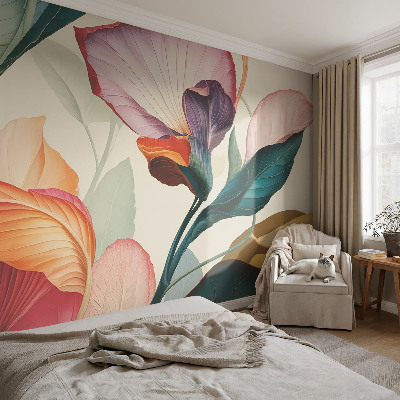 Vliestapete fürs Schlafzimmer mit buntem Blumenmuster