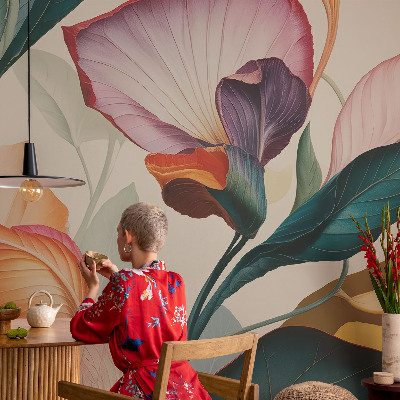 Vliestapete fürs Schlafzimmer mit buntem Blumenmuster