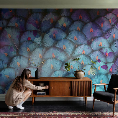 Vlies-Fototapete fürs Wohnzimmer mit bunten Federn als dekorativem Motiv