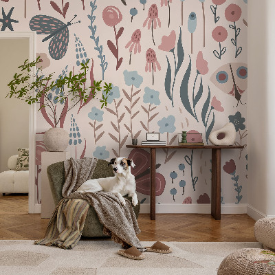 Motivtapete mit Blumen- und Insektendesign