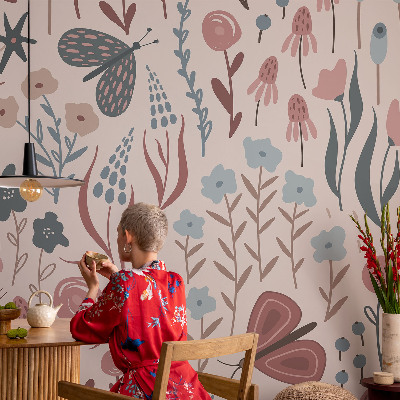 Motivtapete mit Blumen- und Insektendesign