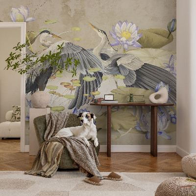 Dekorative Wand-Fototapete mit Motiv aus Vögeln und Lilien