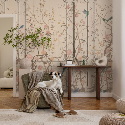 Moderne Vlies-Fototapete mit Vogel- und Blumenmotiv