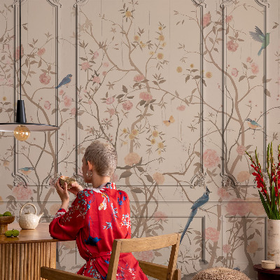 Moderne Vlies-Fototapete mit Vogel- und Blumenmotiv