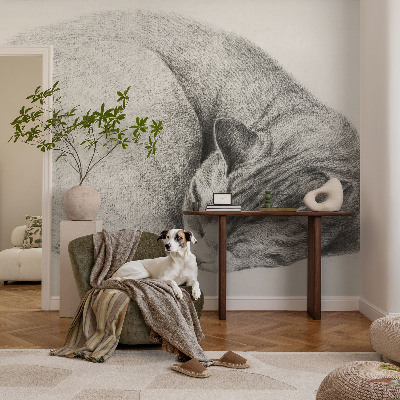 Motivtapete aus Vlies mit aufgerollter Katzenillustration