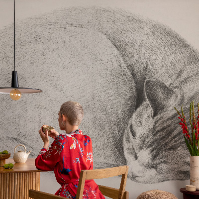Motivtapete aus Vlies mit aufgerollter Katzenillustration