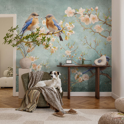 Fototapete fürs Wohnzimmer mit Frühlingsvögeln als Motiv