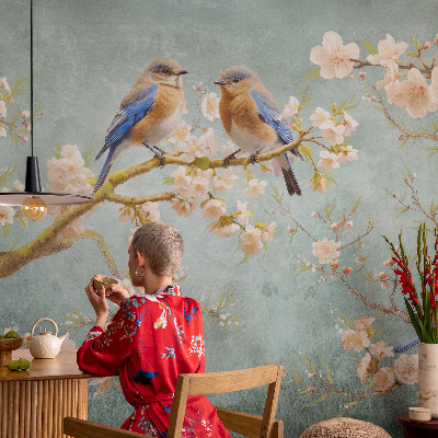 Fototapete fürs Wohnzimmer mit Frühlingsvögeln als Motiv