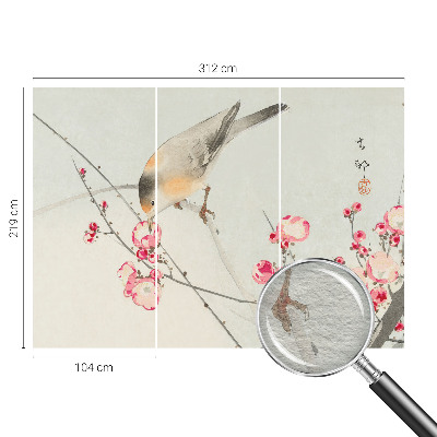 Fototapete fürs Wohnzimmer mit Blumen- und Vogelmotiv