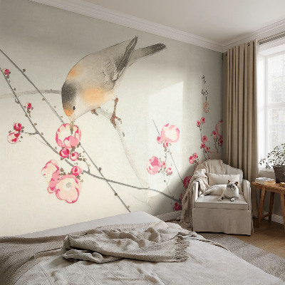 Fototapete fürs Wohnzimmer mit Blumen- und Vogelmotiv