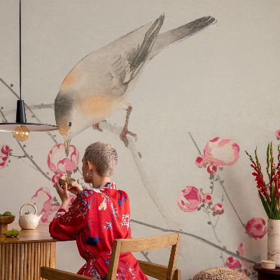 Fototapete fürs Wohnzimmer mit Blumen- und Vogelmotiv