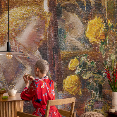 Vlies-Fototapete fürs Schlafzimmer mit einer Frau und Rosen als Motiv