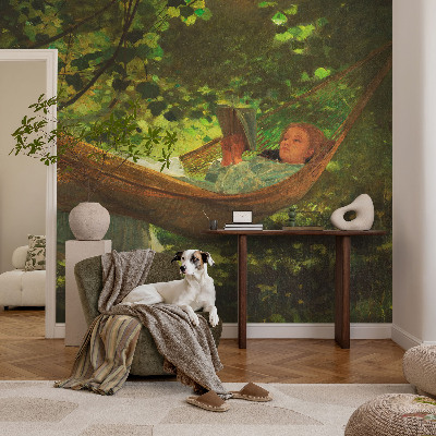 Vliestapete fürs Schlafzimmer mit Motiv einer entspannten Person in einer Hängematte