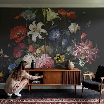 Motivtapete fürs Wohnzimmer Blumen mit Insekten