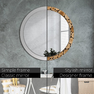 Runder Spiegel mit bedrucktem Rahmen Holz baumstämme