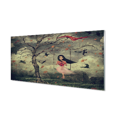 Acrylglasbilder Rock wolken tochter baum vögel