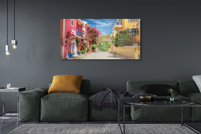 Acrylglasbilder Griechenland blumen gebäude nach oben