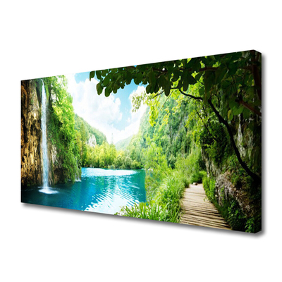Canvas Kunstdruck Wasserfall See Bäume Natur
