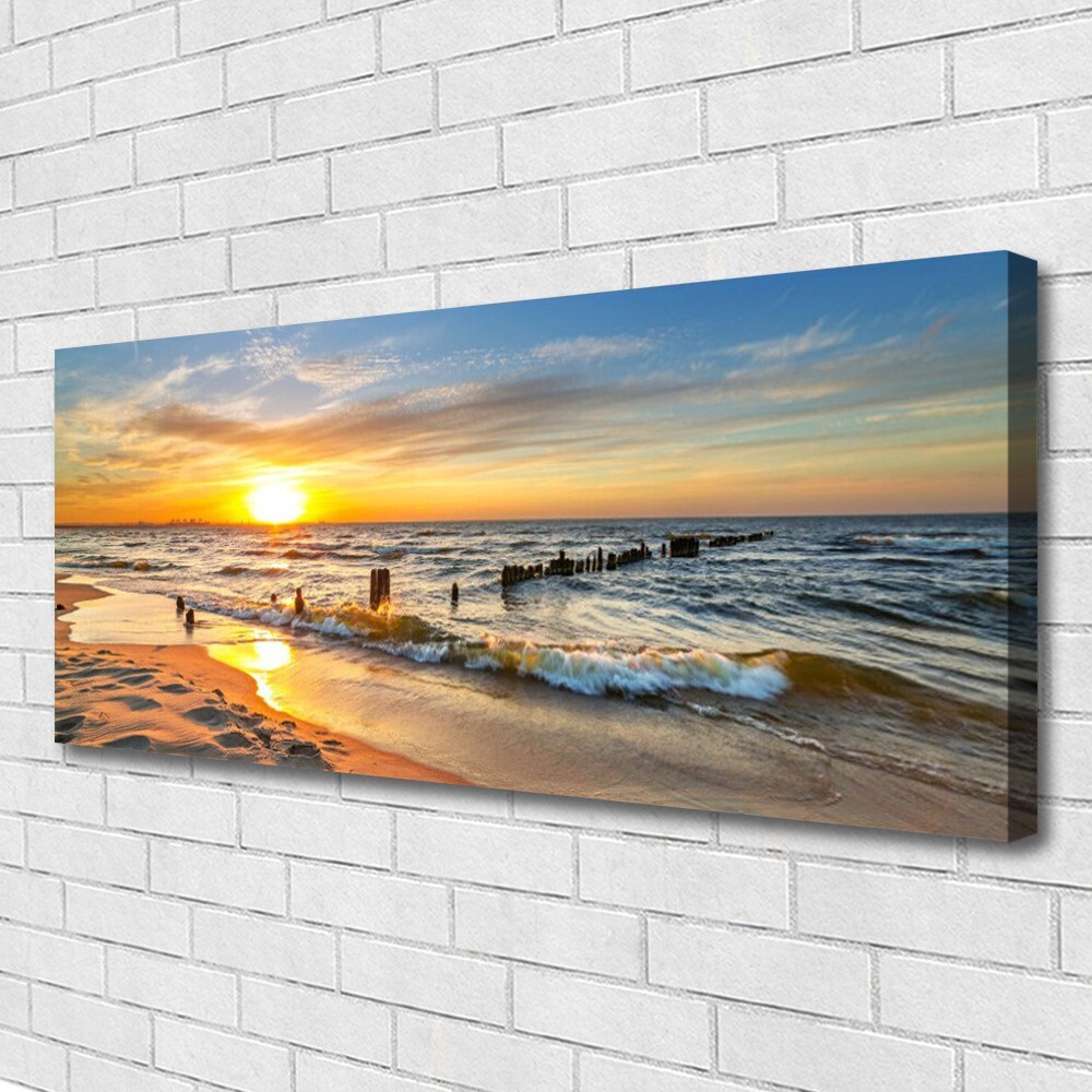 Tulup Leinwand-Bilder Wandbild Leinwandbild 140x70 Strand Meer Palmen Landschaft 