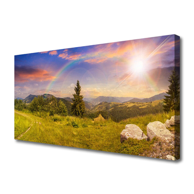 Leinwand-Bilder Sonne Gebirge Wiese Steine Natur