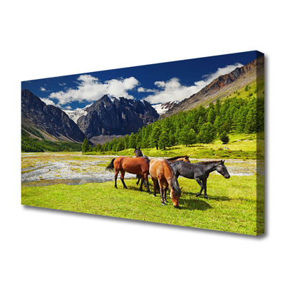 Leinwand-Bilder Gebirge Bäume Pferde Tiere