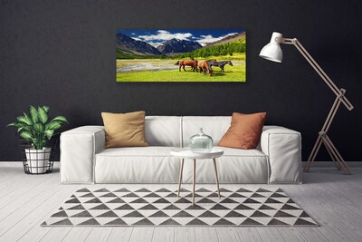 Leinwand-Bilder Gebirge Bäume Pferde Tiere