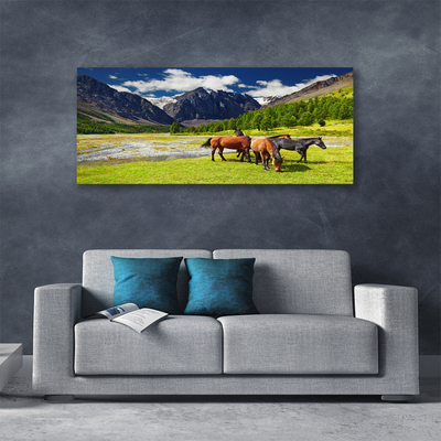 Leinwand-Bilder Gebirge Bäume Pferde Tiere