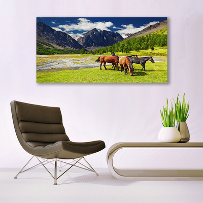 Leinwand-Bilder Gebirge Bäume Pferde Tiere