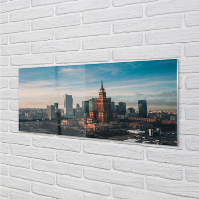 Glasbilder Panorama des sonnenaufgangs wolkenkratzer in warschau