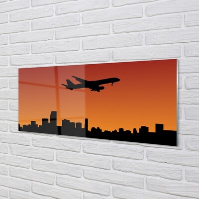 Glasbilder Flugzeug himmel und sonnenuntergang