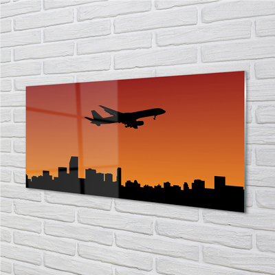 Glasbilder Flugzeug himmel und sonnenuntergang