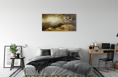 Glasbilder Drachen-mountain-gold wolken