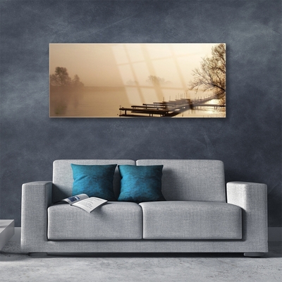 Glasbilder Brücke Wasser Nebel Landschaft