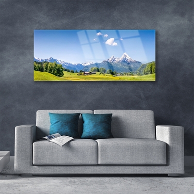 Glasbilder Felder Bäume Gebirge Landschaft