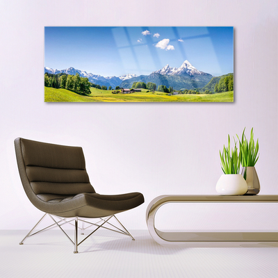 Glasbilder Felder Bäume Gebirge Landschaft